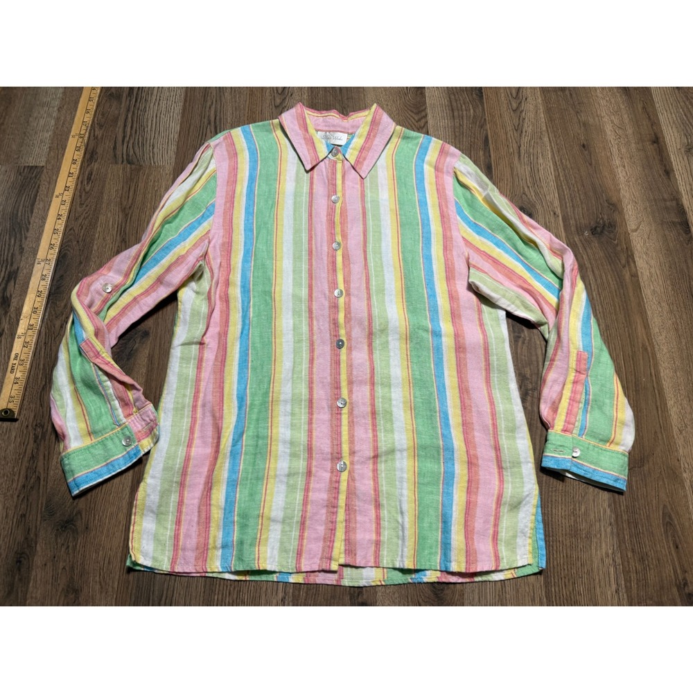 Studio Works Shirt Womens 8 Pink Red White Yellow Green Long Sleeve Button Up